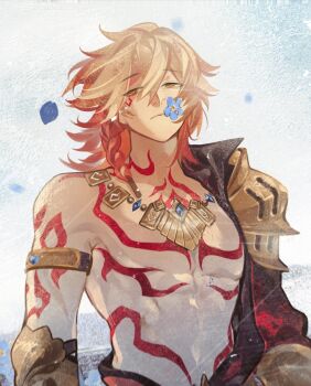 1boy arm_tattoo armlet black_coat blonde_hair braid chest_tattoo chinese_commentary coat commentary_request earrings facial_tattoo falling_petals flower forget-me-not_(flower) gauntlets gold_earrings gold_necklace gradient_hair highres honkai:_star_rail honkai_(series) jewelry male_focus medium_hair multicolored_hair mydei_(honkai:_star_rail) necklace open_clothes open_coat petals red_hair red_tattoo side_braid solo stucdg tattoo yellow_eyes