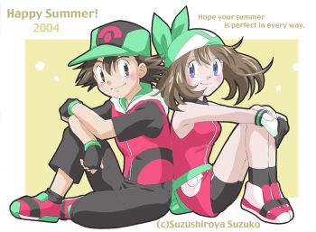 Rule 34 | 1boy, 1girl, 2004, alternate costume, artist request, ash ketchum, back-to-back, bandana, bare arms, bare shoulders, baseball cap, bike shorts, black eyes, black gloves, black hair, black legwear, black pants, blue eyes, blush, breasts, brown hair, closed mouth, collared dress, couple, dress, english text, fingerless gloves, full body, gloves, green bandana, green headwear, hat, hetero, knee up, knees up, legs, looking at viewer, may (pokemon), may (pokemon emerald), medium breasts, multicolored gloves, multicolored shirt, nintendo, pants, pokemon, pokemon (anime), pokemon emerald, pokemon rse, red dress, red footwear, red shirt, shirt, shoes, short dress, short hair, short sleeves, sitting, sleeveless, sleeveless dress, smile, sneakers, socks, white gloves