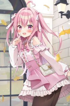 Rule 34 | 1girl, :d, ahoge, bare shoulders, black pantyhose, blush, character request, clothing cutout, commentary request, commission, copyright request, cowboy shot, dot nose, dress, falling leaves, frilled dress, frills, hair between eyes, hair ribbon, hand up, heart, heart ahoge, highres, leaf, long hair, long sleeves, looking at viewer, open mouth, pantyhose, pink dress, pink eyes, pink hair, ribbon, shoulder cutout, signature, skeb commission, smile, solo, tobio illust, two side up, virtual youtuber, white ribbon