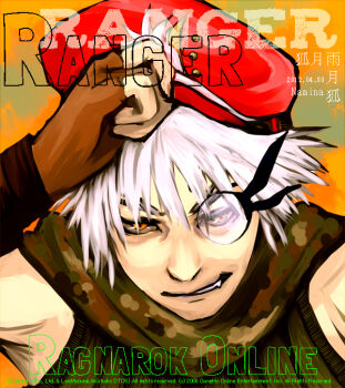 1boy beret brown_gloves camouflage_scarf character_name commentary_request copyright_name dated fingerless_gloves gloves green_scarf grin hat looking_at_viewer male_focus monocle namina_(ugetsu_kitsune) ragnarok_online ranger_(ragnarok_online) red_hat round_eyewear scarf short_hair smile solo upper_body white_hair