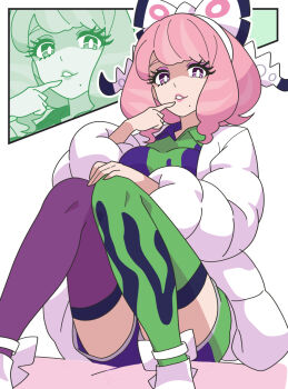 1girl bow breasts coat commentary_request drill_hair drill_sidelocks eyelashes eyeshadow flipped_hair fur_coat fur_jacket hair_bow hairband hand_on_own_knee highres jacket kanbei_(pixiv11037490) klara_(pokemon) large_breasts long_sleeves looking_at_viewer looking_down makeup mole mole_under_mouth multicolored_thighhighs nintendo open_clothes open_jacket parted_lips pink_eyeshadow pink_hair pink_lips pokemon pokemon_swsh print_shirt puffy_long_sleeves puffy_sleeves purple_eyes purple_shirt purple_shorts purple_thighhighs shirt shoes short_hair shorts sidelocks sitting smile solo thighhighs two-tone_shirt two-tone_shorts two-tone_thighhighs white_background white_bow white_hairband white_jacket zoom_layer