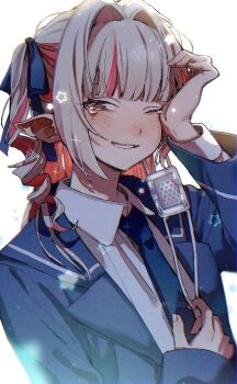 Rule 34 | 1girl, backlighting, blazer, bloom, blue jacket, blue necktie, blue ribbon, blue sailor collar, blush, collared shirt, colored inner hair, commentary request, drill hair, eyepatch, grey hair, hair intakes, hair ribbon, half-closed eye, heart, highres, holding eyepatch, jacket, lapels, long hair, long sleeves, looking at viewer, makaino ririmu, medical eyepatch, multicolored hair, necktie, ni 22, nijisanji, nose blush, notched lapels, official alternate costume, official alternate hairstyle, one eye closed, open clothes, open jacket, parted lips, pink hair, pink streaks, pointy ears, red eyes, ribbon, sailor collar, school uniform, shirt, sidelocks, sleeves past wrists, smile, solo, sparkle, standing, star (symbol), star symbol background, streaked hair, tearing up, tears, tie clip, two-tone hair, two side up, unworn eyepatch, upper body, virtual youtuber, white background, white shirt, wiping tears