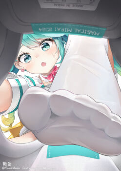 Rule 34 | 1girl, aqua eyes, aqua hair, artist name, commentary request, earrings, feet, foot focus, fuwashima, hatsune miku, highres, jacket, jewelry, kneehighs, long hair, looking at viewer, magical mirai (vocaloid), magical mirai miku, magical mirai miku (2024), open mouth, socks, solo, sweat, twitter username, white jacket, white socks