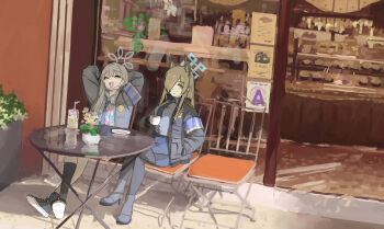 2girls animal_ear_fluff animal_ears armband arms_behind_back black_pantyhose black_socks blonde_hair blue_archive blue_eyes blue_halo blue_necktie blue_shirt boots cafe chair collared_shirt commentary_request crossed_ankles crossed_legs cup desuyone0502 dog_ears dog_girl drinking_straw extra_ears floral_print_shirt grey_eyes grey_hair grey_halo grey_jacket hair_over_one_eye halo hand_in_pocket hawaiian_shirt highres holding holding_cup jacket kanna_(blue_archive) kneehighs konoka_(blue_archive) leaning_back long_hair looking_at_viewer loose_necktie mask mask_pull mouth_mask multiple_girls necktie notched_ear on_chair open_clothes open_jacket open_mouth outdoors pantyhose plant police police_badge police_uniform policewoman potted_plant purple_armband saucer shirt sitting socks surgical_mask table white_mask