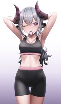 1girl absurdres adjusting_hair alternate_costume animal_ears armpits arms_behind_head arms_up bare_arms bike_shorts black_shorts black_sports_bra breasts chikafuji_lisa chromashift cleavage closed_mouth commentary english_commentary gradient_background grey_hair hair_between_eyes hair_tie highres horns long_hair medium_breasts midriff mouth_hold one_eye_closed ponytail purple_eyes sheep_ears sheep_girl sheep_horns shorts smile solo sports_bra standing virtual_youtuber wavefile workout_clothes yoga_shorts