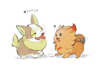 Rule 34 | !, !!, closed eyes, colored tips, commentary request, fangs, gen 8 pokemon, looking at another, multicolored fur, multicolored hair, nintendo, open mouth, orange fur, pipipitoto sou, pokemon, pokemon (creature), pombon, smile, tongue, tongue out, white background, yamper
