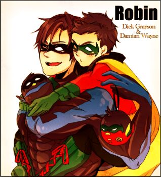 2boys batman_(series) bird bodysuit boots brothers cape carrying character_name damian_wayne dc_comics dick_grayson domino_mask eye_mask family gauntlets gloves lace-up_boots male_focus mask multiple_boys nightwing piggyback robin_(dc) siblings smile