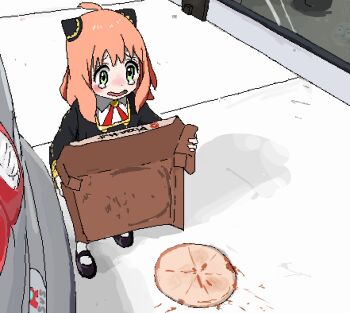1girl aiu404l amogus among_us anya_(spy_x_family) blush car child crewmate_(among_us) crying crying_with_eyes_open dress failure food green_eyes highres jaggy_lines meme motor_vehicle oekaki outdoors pink_hair pizza pizza_box pizza_hut red_(among_us) solo spy_x_family sus tears thomas_the_tank_engine thomas_the_tank_engine_(series) when_you_see_it
