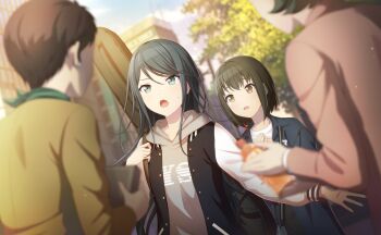 2boys 2girls black_hair blurry blurry_background blurry_foreground bottle brown_eyes brown_hair brown_shirt colorful_palette game_cg grey_eyes grey_hoodie highres holding holding_bottle hood hoodie hoshino_ichika_(project_sekai) instrument_case jacket live_with_memories_(project_sekai) looking_at_another multiple_boys multiple_girls official_art open_mouth pink_shirt project_sekai shirt sweatdrop third-party_source tongue tree white_shirt