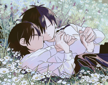 1boy 1girl arm_around_neck black_hair closed_eyes commentary_request couple field flower flower_field holding_hands lying on_back on_side original shirt short_hair skirt smile takanashi_atashi upper_body white_shirt