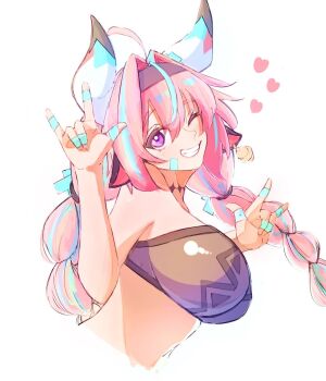 1girl ahoge bokuimamo braid breasts commentary_request cow_girl cow_horns genshin_impact green_hair hair_intakes heart highres horns large_breasts long_hair looking_at_viewer midriff one_eye_closed pink_hair purple_eyes smile solo twin_braids varesa_(genshin_impact)