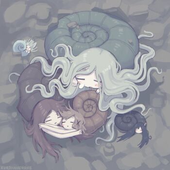 5girls absurdres ammonite black_hair blush brown_hair fossil grey_hair hair_flowing_over hair_ornament hairclip hidamari_sketch highres kurohanenone long_hair multiple_girls prehistoric_animal rock seashell shell shimeji_simulation short_hair sleeping tsukishima_shijima underground very_long_hair wavy_hair white_hair x_hair_ornament yuno_(hidamari_sketch)