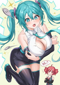 2girls aqua_belt aqua_eyes aqua_hair aqua_necktie aqua_trim belt black_skirt black_sleeves blush breasts buttons cleavage_cutout clothing_cutout collared_shirt commentary_request english_text flying_button green_background grey_shirt hair_between_eyes hair_ornament hatsune_miku higa_ao highres kasane_teto large_breasts long_hair long_sleeves multiple_girls necktie orange_eyes pencil_skirt red_hair shirt sideboob simple_background skirt sleeveless sleeveless_shirt solo speech_bubble standing standing_on_one_leg straight_hair thighhighs thought_bubble twintails very_long_hair vocaloid white_background zettai_ryouiki