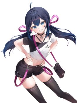 1girl absurdres ahoge black_choker black_shirt black_shorts black_thighhighs blue_eyes blue_hair blush choker commentary_request commission contrapposto crop_top cropped_shirt hair_ribbon hands_on_own_hips highres indie_virtual_youtuber leaning_forward long_hair looking_at_viewer midriff mugen_mochi navel pentagram pixiv_commission ribbon runlan_0329 shirt short_shorts short_sleeves shorts smile solo star_(symbol) star_sticker sticker sticker_on_face stomach teeth thighhighs transparent_background twintails two-tone_shirt virtual_youtuber white_shirt