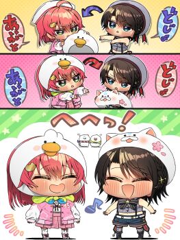 2girls 35p_(sakura_miko) :d arrow_(symbol) bare_arms bare_shoulders black_boots black_bow black_bowtie black_hair blue_shorts blush boots bow bowtie chibi chibi_only closed_eyes commentary_request green_eyes grey_shirt grey_thighhighs harumina_mau hat highres hololive jacket long_sleeves midriff multiple_girls navel oozora_subaru oozora_subaru_(suspenders) open_clothes open_jacket open_mouth parted_bangs pink_hair pink_jacket pink_shoes pink_skirt pleated_skirt sakura_miko sakura_miko_(school_uniform) shirt shoes short_hair shorts skirt sleeveless sleeveless_shirt smile standing striped_bow striped_bowtie striped_clothes subatomo_(big) suspenders thighhighs triangle_mouth virtual_youtuber white_hat white_shirt white_thighhighs