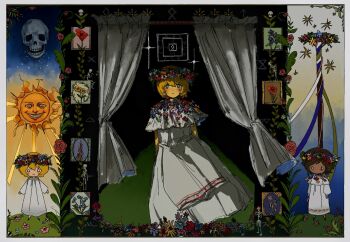 2girls blonde_hair closed_mouth curtains don_quixote_(project_moon) dress flower flower_request happy head_wreath herbbbbby highres limbus_company looking_at_viewer midsommar multiple_girls outis_(project_moon) poppy_(flower) project_moon red_flower short_hair skull smile sparkle standing white_dress