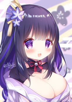 1girl 2023 animal_ear_fluff artist_name blurry blurry_background blush breasts bridal_gauntlets cleavage clothing_cutout commentary_request fan_hair_ornament genshin_impact hair_ornament hamiyamiko happy happy_new_year highres huge_breasts japanese_clothes kimono looking_at_viewer looking_to_the_side mole mole_under_eye multicolored_hair neck_ribbon new_year off_shoulder open_mouth purple_eyes purple_hair purple_kimono raiden_shogun red_ribbon ribbon shade shoulder_cutout signature smile solo streaked_hair upper_body wide_sleeves