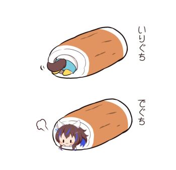 Rule 34 | 1girl, :3, animal ears, blue hair, blue shorts, blush, brown hair, chibi, chibi only, closed mouth, commentary request, daitaku helios (umamusume), ear covers, gomashio (goma feet), horse ears, horse girl, horse tail, multicolored hair, puff of air, short hair, shorts, simple background, smile, socks, streaked hair, tail, translation request, two-tone hair, umamusume, white background, yellow socks