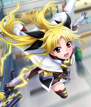 1girl belt black_bow black_dress black_thighhighs blonde_hair blurry blurry_background bow brown_belt cape dress electricity fate_testarossa fate_testarossa_(blaze_iii) floating_hair game_cg hair_bow holding holding_sword holding_weapon lyrical_nanoha magical_girl mahou_shoujo_lyrical_nanoha_detonation mall midair official_art open_mouth outstretched_arms plant potted_plant red_eyes sidelocks solo spread_arms storefront sword teeth thighhighs third-party_source toji_no_miko toji_no_miko:_kizamishi_issen_no_tomoshibi twintails vambraces weapon white_cape zettai_ryouiki