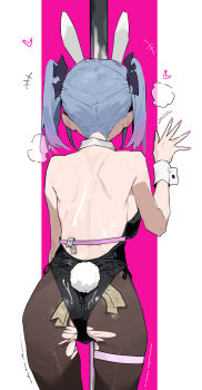 1girl animal_ears ass back backboob banknote bare_shoulders black_pantyhose blue_hair breasts cum cum_on_back cum_on_body detached_collar hatsune_miku heart highres kooka_kenji medium_breasts money pantyhose playboy_bunny pole purple_nails rabbit_ears rabbit_hole_(vocaloid) rabbit_tail short_hair solo tail thigh_strap torn_clothes torn_pantyhose trembling tucked_money twintails vocaloid wrist_cuffs