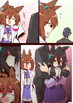 Rule 34 | 1boy, 2girls, agnes tachyon (umamusume), ahoge, animal ears, black hair, chemical structure, commentary request, ear ornament, ear tag, earrings, hair between eyes, hem peeking out, highres, horse ears, horse girl, horse tail, jewelry, lab coat, long bangs, long hair, long hair between eyes, long sleeves, manhattan cafe (umamusume), multicolored hair, multiple girls, school uniform, shirt, single earring, skirt, tail, tracen school uniform, trainer (umamusume), umamusume, very long hair, white hair, yellow eyes, yonedatomo mizu