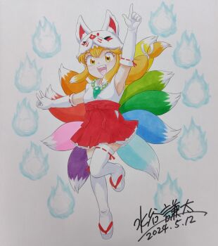 Rule 34 | 1girl, animal ears, animal hat, arm up, blonde hair, blue fire, colored tips, commentary request, dated, elbow gloves, fake animal ears, fire, fox ears, fox girl, fox hat, fox shadow puppet, fox tail, fukkatsu no ken another nima, full body, gloves, hakama, hakama skirt, hat, highres, hitodama, index finger raised, japanese clothes, jewelry, kimono, kitsune, kyuubi, long hair, looking at viewer, low-tied long hair, magatama, magatama necklace, mizutani kenta, motoyui, multicolored hair, multiple tails, necklace, open mouth, red hakama, sandals, signature, skirt, sleeveless, sleeveless kimono, smile, solo, standing, standing on one leg, tail, teeth, thighhighs, traditional media, two-tone hair, upper teeth only, white gloves, white hair, white kimono, white thighhighs, yellow eyes, youko qb, zouri