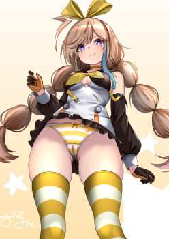 1girl ahoge azur_lane braid breasts cameltoe cleavage cleavage_cutout clothing_cutout commentary_request dedorudy detached_sleeves from_below gloves highres huge_ahoge long_hair low_twin_braids multicolored_gloves multicolored_hair neckerchief orange_thighhighs panties pantyshot smile solo star-shaped_pupils star_(symbol) streaked_hair striped_clothes striped_panties striped_thighhighs symbol-shaped_pupils thighhighs twin_braids two-tone_gloves underwear william_d._porter_(azur_lane) yellow_neckerchief
