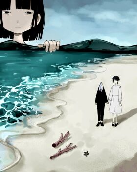 1boy 2girls beach black_hair black_suit blunt_ends closed_mouth commentary_request driftwood fish formal_clothes giant giantess highres holding_hands kodama_madako multiple_girls necktie original outdoors overcast sand shadow skirt sky standing starfish suit surreal water waves white_skirt