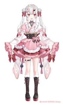 Rule 34 | 1girl, black boots, black corset, boots, capelet, center-flap bangs, commentary request, copyright name, corset, detached sleeves, double bun, frilled kimono, frilled shirt collar, frilled sleeves, frills, full body, gradient hair, grey hair, hair between horns, hair bun, hair ornament, highres, hololive, horns, japanese clothes, kimono, knee boots, kneehighs, lace-up boots, long hair, long sleeves, low twintails, multicolored hair, nakiri ayame, nakiri ayame (10th costume), o-ring, o-ring thigh strap, official alternate costume, official alternate hairstyle, official art, oni, pink capelet, pink kimono, pom pom (clothes), pom pom hair ornament, puffy short sleeves, puffy sleeves, red eyes, red hair, sakura shiori, short sleeves, simple background, skin-covered horns, socks, solo, streaked hair, thigh strap, twintails, two-tone kimono, variations, virtual youtuber, white background, white kimono, white socks, wide sleeves, x hair ornament