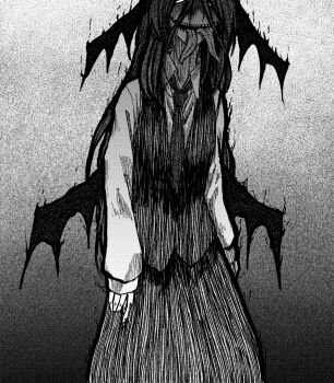 1girl collared_shirt commentary_request cowboy_shot demon_girl demon_wings greyscale hair_between_eyes head_wings koakuma koishi_komeiji&#039;s_heart-throbbing_adventure koyubi_(littlefinger1988) long_hair long_sleeves low_wings messy_hair monochrome multiple_tongues necktie open_mouth sharp_teeth shirt skirt skirt_set smile solo teeth tongue tongue_out touhou vest wings