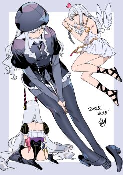 1girl absurdres armlet ass bare_legs beret between_legs black_hat black_pantyhose black_shirt black_shoes black_thighhighs bracelet breasts caren_hortensia caren_hortensia_(amor_caren)_(first_ascension) caren_hortensia_(amor_caren)_(third_ascension) chain commentary_request corset crotch_seam dated detached_wings dress facing_away fate/hollow_ataraxia fate/stay_night fate_(series) from_above from_behind from_side full_body gladiator_sandals gold_armlet gold_bracelet hair_spread_out hand_between_own_legs hat heart highleg highleg_leotard highres jewelry layered_sleeves leotard long_hair looking_at_viewer low-cut_armhole medium_breasts mini_wings multiple_views no_pants noko_morokoshi outside_border outstretched_legs pantyhose parted_bangs puffy_short_sleeves puffy_sleeves purple_corset sandals shirt shoe_dangle shoes short_dress short_sleeves sideways_glance sitting spiral_horn striped_clothes striped_leotard thighhighs thighhighs_over_pantyhose unworn_shoes wariza wavy_hair white_dress white_hair white_wings wings yellow_eyes