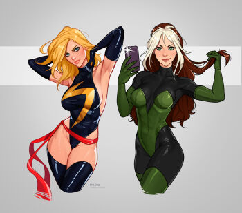 2girls animification armpits bodysuit breasts brown_hair carol_danvers colored_bangs green_bodysuit green_eyes highres impossible_clothes impossible_leotard large_breasts leotard lightning_bolt_symbol long_hair looking_at_viewer marvel ms._marvel multicolored_bodysuit multicolored_hair multiple_girls olena_minko red_scarf rogue_(x-men) scarf smile superhero_costume two-tone_bodysuit two-tone_hair white_hair x-men yellow_bodysuit