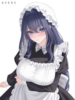 1girl apron arm_under_breasts avene_chan black_dress blush closed_mouth commentary contrast_collar crossed_bangs dress english_commentary frilled_apron frilled_hat frills hair_between_eyes hair_intakes hat highres hololive hololive_english long_hair looking_at_viewer maid maid_apron mob_cap official_alternate_costume official_alternate_hairstyle ouro_kronii ouro_kronii_(maid) sidelocks simple_background solo victorian_maid white_apron white_background white_hat