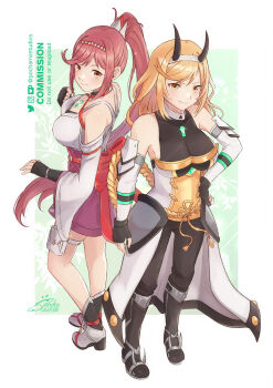 2girls absurdres blonde_hair border breasts commentary commission core_crystal_(xenoblade) english_commentary fake_horns glimmer_(xenoblade) glint green_background hand_on_own_hip high_ponytail highres horns instagram_username large_breasts long_hair multiple_girls original outside_border pochamastudios ponytail red_hair signature standing twitter_username watermark white_border xenoblade_chronicles_(series) xenoblade_chronicles_3 xenoblade_chronicles_3:_future_redeemed yellow_eyes