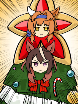 2girls alternate_costume animal_ears brown_hair christmas_tree closed_mouth commentary emphasis_lines empty_eyes furioso_(umamusume) hair_between_eyes hair_ornament hairband highres horse_ears horse_girl looking_at_viewer mascot_costume multiple_girls pun purple_eyes smile smug standing symboli_rudolf_(christmas_emperor_tree)_(umamusume) symboli_rudolf_(umamusume) umamusume yellow_eyes yuyunoya