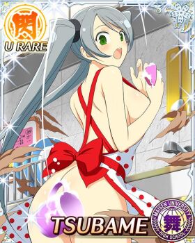 1girl :o apron arms_up ass border breasts butt_crack card_(medium) character_name convenient_censoring cup dishwashing dropped_object from_behind game_cg green_eyes grey_hair holding holding_sponge large_breasts long_hair looking_at_viewer looking_back mug naked_apron official_art plate senran_kagura senran_kagura_new_wave sideboob solo sponge swept_bangs teeth third-party_source tsubame_(senran_kagura) twintails upper_teeth_only very_long_hair