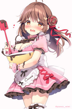 Rule 34 | 1girl, ahoge, apron, blush, bowl, breasts, brown hair, chocolate, chocolate on body, cleavage, commentary request, dress, food on body, frilled apron, frilled dress, frills, hair bun, hair ornament, heart, heart apron, heart hair ornament, holding, holding bowl, kokoa-chan (pan (mimi)), large breasts, long hair, looking at viewer, mixing bowl, nail polish, open mouth, orange eyes, original, pan (mimi), pink dress, pink nails, puffy short sleeves, puffy sleeves, short sleeves, simple background, single side bun, solo, spatula, twitter username, very long hair, wavy mouth, white apron, white background, wrist cuffs