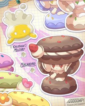 fakemon food fruit gen_8_pokemon gooompy green_eyes highres macaron milcery nintendo no_humans original pokemon pokemon_(creature) pokemon_focus red_eyes strawberry yellow_eyes