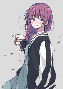 1girl alcohol_carton black_bow black_nails blunt_bangs bocchi_the_rock! bow commentary_request dress drink_carton enu_(brandnewday02) falling_leaves fingernails green_dress grey_background hair_bow highres hiroi_kikuri holding holding_drink_carton jacket leaf letterman_jacket long_braid long_hair looking_at_viewer navel red_eyes red_hair solo