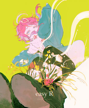 Rule 34 | 1boy, amemura ramuda, argentum 1121, black boots, black pants, blue eyes, blue jacket, boots, character name, covered mouth, cracking knuckles, floating hair, flower, from below, full body, green background, highres, hypnosis mic, jacket, looking to the side, male focus, pants, pink hair