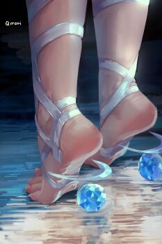 1girl absurdres artist_name columbina_(genshin_impact) commentary english_commentary feet feet_only foot_focus gem genshin_impact highres no_shoes qmori reflective_floor ribbon soles solo stirrup_legwear tiptoes toeless_legwear toenails toes white_ribbon