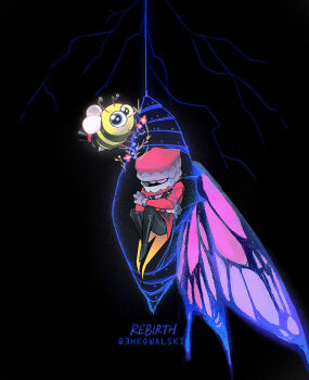 1boy 3hkowalski bee black_background black_pants black_shoes blue_eyes bug butterfly_wings caine_(the_amazing_digital_circus) coat coattails cocoon commentary detached_eyes english_commentary english_text full_body gloves green_eyes heterochromia highres insect insect_wings long_sleeves male_focus pants red_coat self_hug shoes simple_background solo tailcoat teeth the_amazing_digital_circus twitter_username two-sided_coat two-sided_fabric white_gloves wings