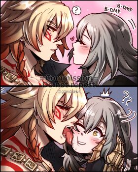 1boy 1girl ? blonde_hair blush braid commission commissioner_upload facial_tattoo gauntlets grey_hair gzei heart highres honkai:_star_rail honkai_(series) imminent_kiss jewelry mydei_(honkai:_star_rail) saliva sound_effects stelle_(honkai:_star_rail) tattoo trailblazer_(honkai:_star_rail) watermark yellow_eyes