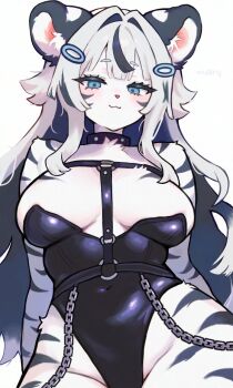 1girl :3 animal_ears animal_nose artist_name bare_shoulders black_collar black_hair black_leotard blue_eyes breasts chest_harness chest_tuft collar colored_inner_hair commentary covered_navel furry furry_female harness highleg highleg_leotard highres large_breasts leotard long_hair looking_at_viewer multicolored_hair o-ring o-ring_harness original simple_background smile solo strapless strapless_leotard tiger_ears tiger_girl tiger_stripes two-tone_hair untranslatable_commentary valleedolla white_background white_fur white_hair