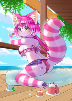 1girl :3 absurdres alternate_costume animal_ears ass beach bikini breasts cake cat_busters cat_ears cat_girl cat_tail cheshire_(cat_busters) cocktail commentary food from_behind furry furry_female heterochromia highres katadora lipstick_mark long_hair looking_at_viewer medium_breasts ocean outdoors pawpads pink_fur pink_hair red_bikini sideboob sitting sky solo striped_tail swimsuit tail very_long_hair wariza water