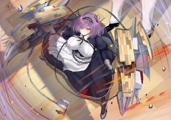 1boy 1girl absurdres anchor apron azur_lane black_hairband black_shoes breasts chain closed_mouth commander_(azur_lane) debris dress eesuke_(shin1athke) eyes_visible_through_hair fighting_stance gloucester_(azur_lane) hair_over_one_eye hairband highres huge_breasts juliet_sleeves long_dress long_sleeves maid maid_apron orange_eyes puffy_sleeves purple_hair rigging ship_turret shoes short_hair torn_apron torn_clothes torpedo white_apron wooden_floor