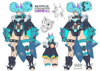 1girl ass asymmetrical_legwear black_jacket blue_hair breasts character_name colored_sclera commentary double_bun fishnet_thighhighs fishnets frown hair_bun highres horizontal-striped_thighhighs horns jacket long_hair mechanization medium_breasts original purple_horns purple_sclera reference_sheet robot_girl ryuusei_(mark_ii) serious shrimball_(ryuusei_(mark_ii)) signature spikes thick_thighs thighhighs thighs twitter_username vambraces very_long_hair