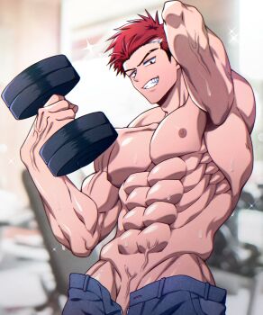 1boy abs blue_pants blurry blurry_background clenched_teeth commentary_request dumbbell exercising fitness_gym grin highres holding holding_dumbbell large_pectorals male_focus multicolored_hair muscular muscular_male nipples nude open_fly open_pants original pants pectoral_cleavage pectorals penis penis_peek red_hair short_hair smile solo sparkle spiked_hair sweat teeth veins veiny_crotch weightlifting weights white_hair