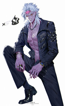 1boy 2020 absurdres chain chain_necklace chinese_commentary cigarette commentary copyright_name dio_brando earrings highres holding holding_cigarette jewelry jojo_no_kimyou_na_bouken muscular muscular_male necklace open_fly ring sharp_teeth solo stardust_crusaders teeth veela watch wristwatch