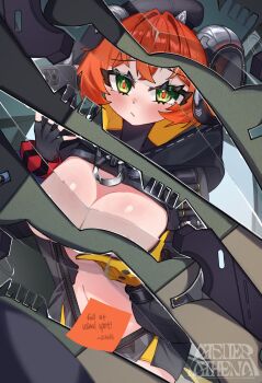 1girl :/ absurdres ammunition artist_name asymmetrical_gloves auraaa black_hat black_horns blurry blurry_foreground blush breasts cellphone censored closed_mouth commentary curled_horns dragon_girl dragon_horns dress english_commentary fingerless_gloves gloves green_eyes hat highres holding holding_phone hood horns knife large_breasts mismatched_gloves note orange_hair orange_pupils orphie_magnusson paid_reward_available panties partially_unzipped phone pointy_ears reflection reflection_focus selfie single_fingerless_glove solo underwear yellow_gloves yellow_panties zenless_zone_zero zipper zipper_dress